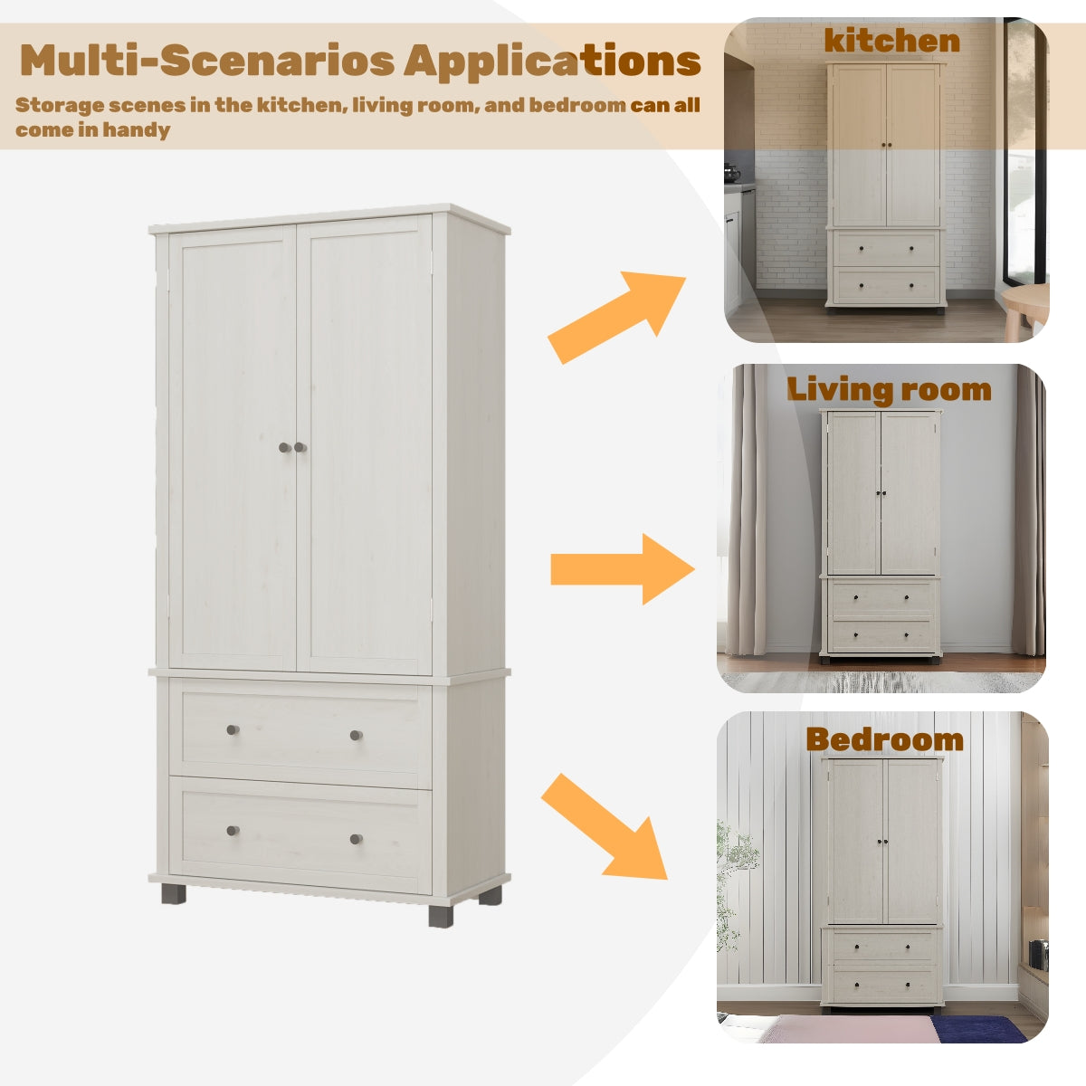 Armoires de cuisine eprolo, grande armoire de rangement antique blanche de 70 pouces avec 2 tiroirs et 3 étagères.