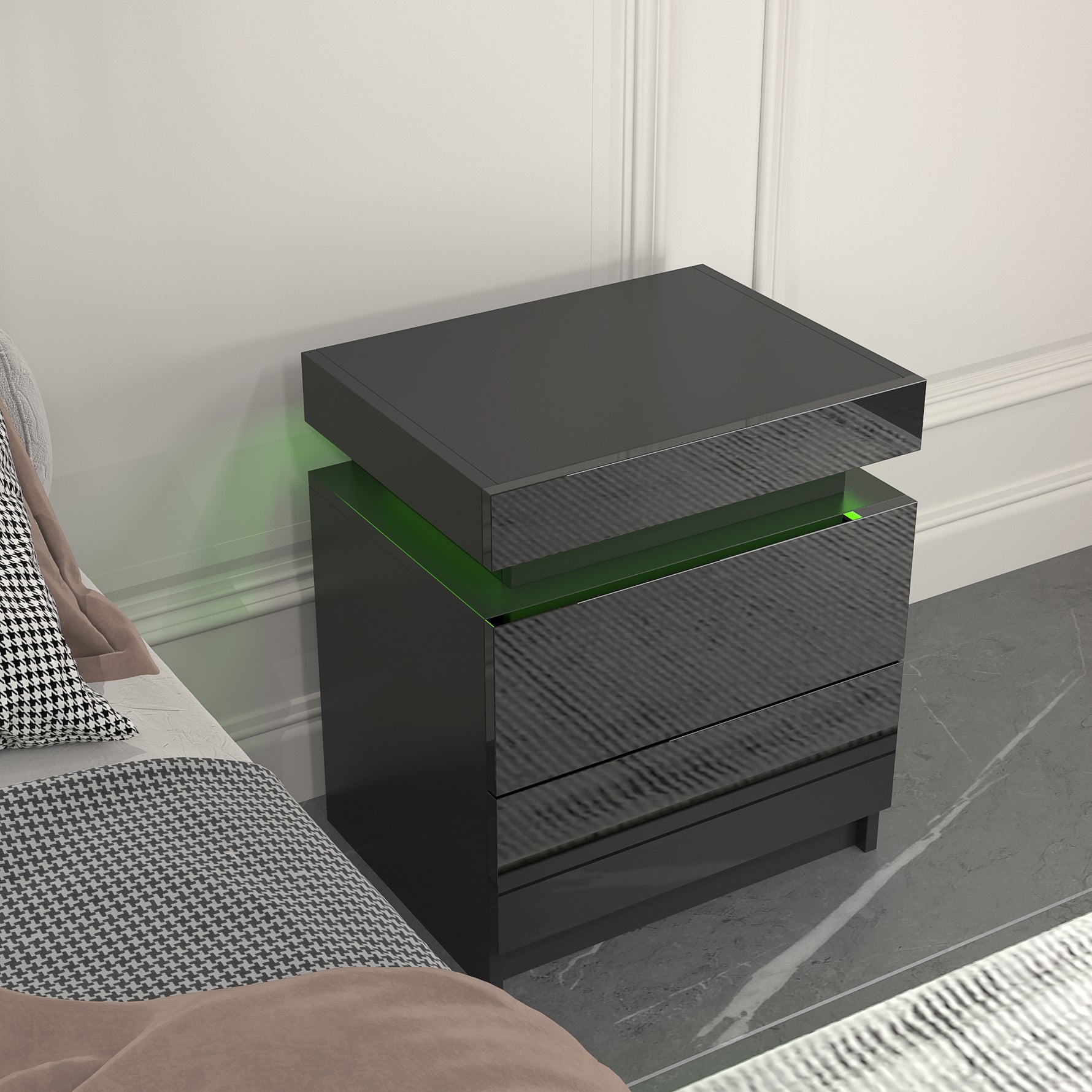 Table de chevet moderne noire avec LED eprolo, design épuré et éclairage intégré pour chambre élégante.