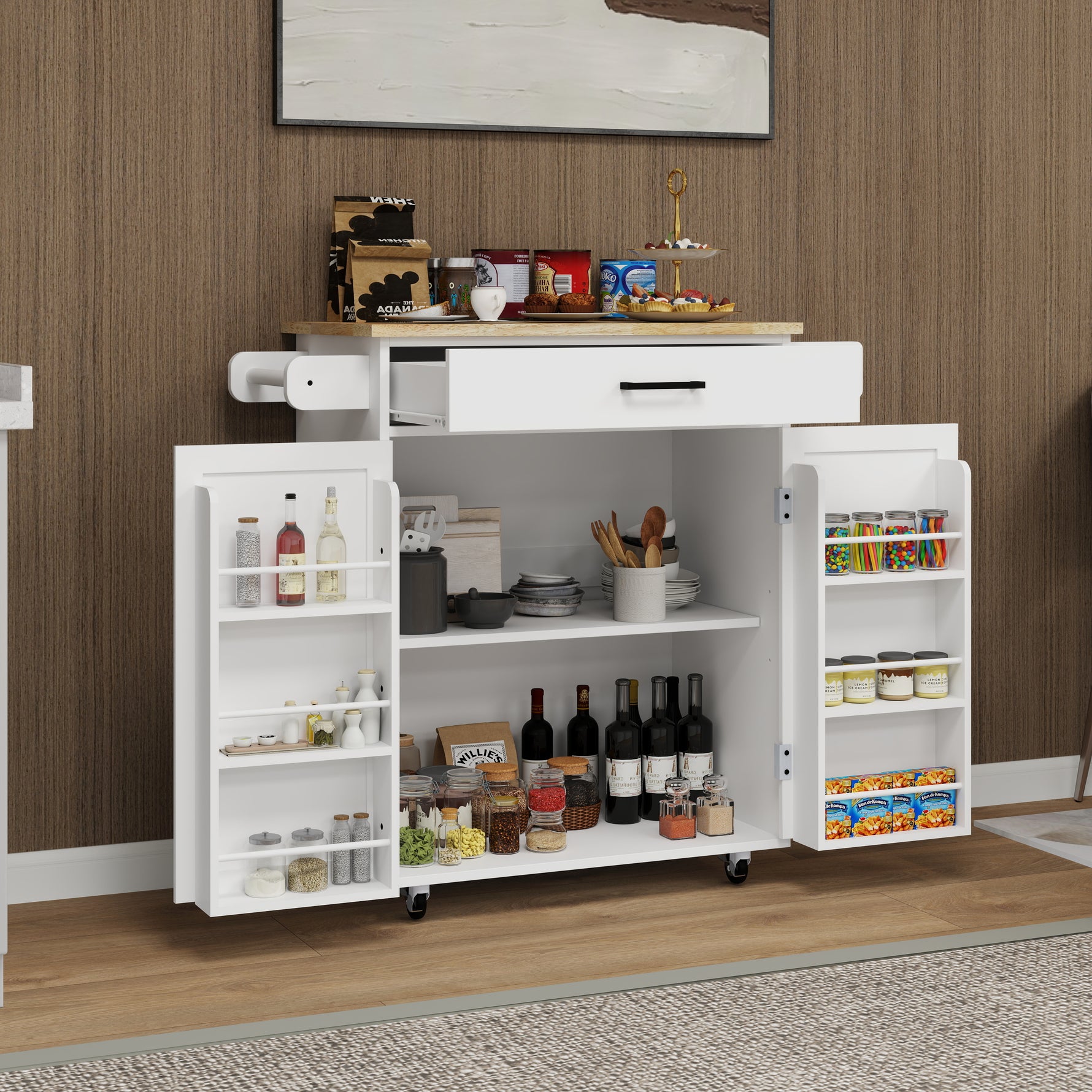 Carro de cuisine mobile eprolo avec tiroir, portes, étagères réglables et porte-serviettes, en mobilier d'entrée.