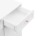 Meuble d'entrée ON-TRANS en bois blanc avec portes arquées, tiroirs, panneaux de rangement et pieds solides, style élégant.