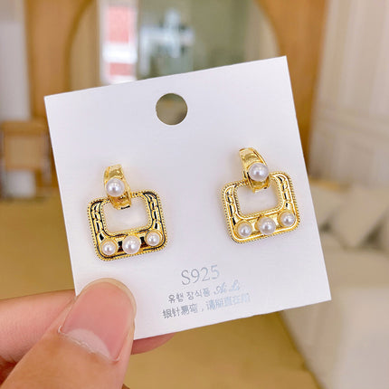 S925 Silver Needle Geometric Opal Temperament Diamond Earrings Simple