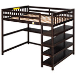 Lit mezzanine pleine taille eprolo avec rangements, étagères et bureau sous le lit en finition espresso.