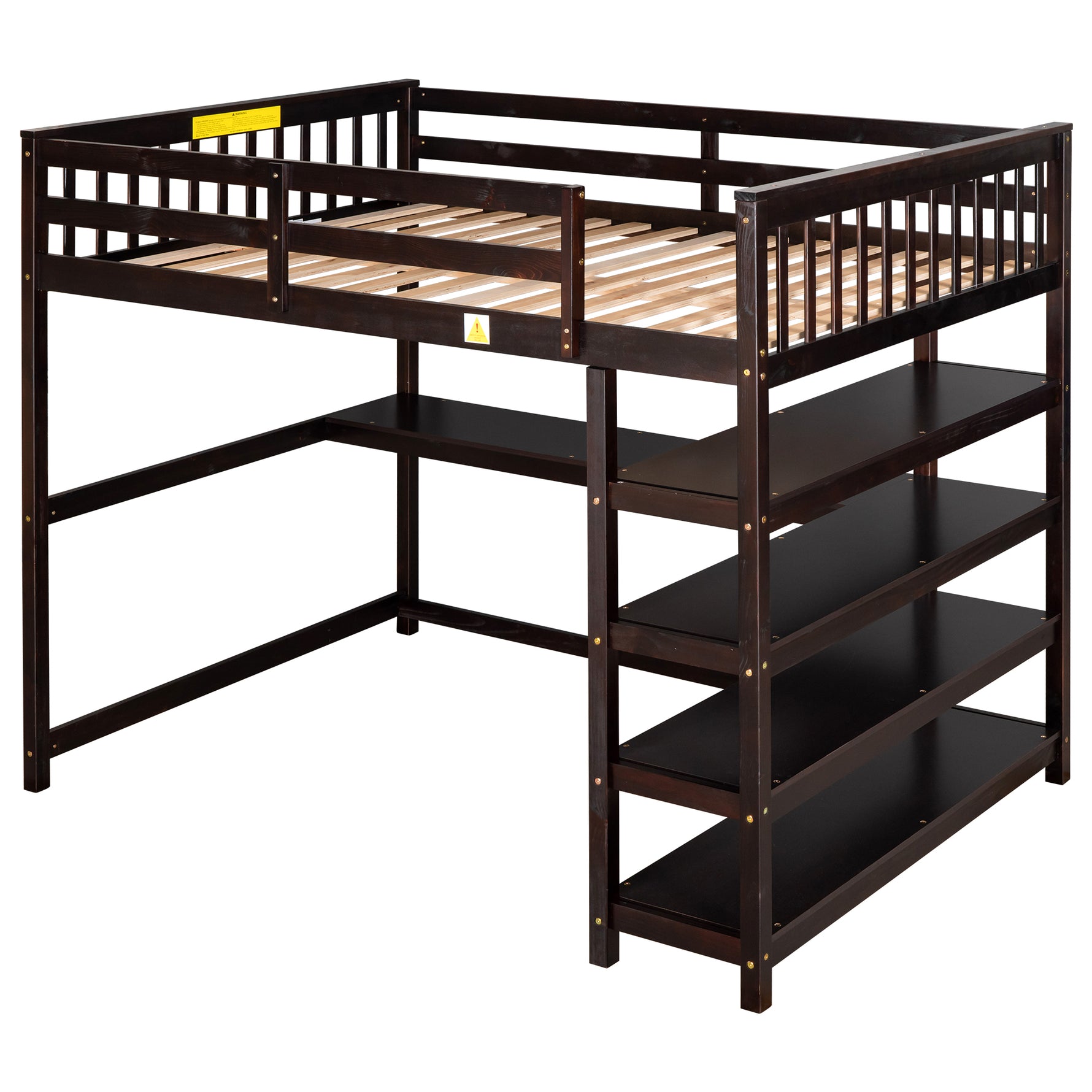 Lit mezzanine pleine taille eprolo avec rangements, étagères et bureau sous le lit en finition espresso.