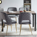 Chaise de salle à manger en velours gris de style eprolo, assise rembourrée et pieds en bois, vue de face.