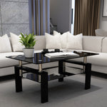 Table basse rectangulaire en verre noir de style moderne, meuble de salon central avec table d'appoint en verre clair.