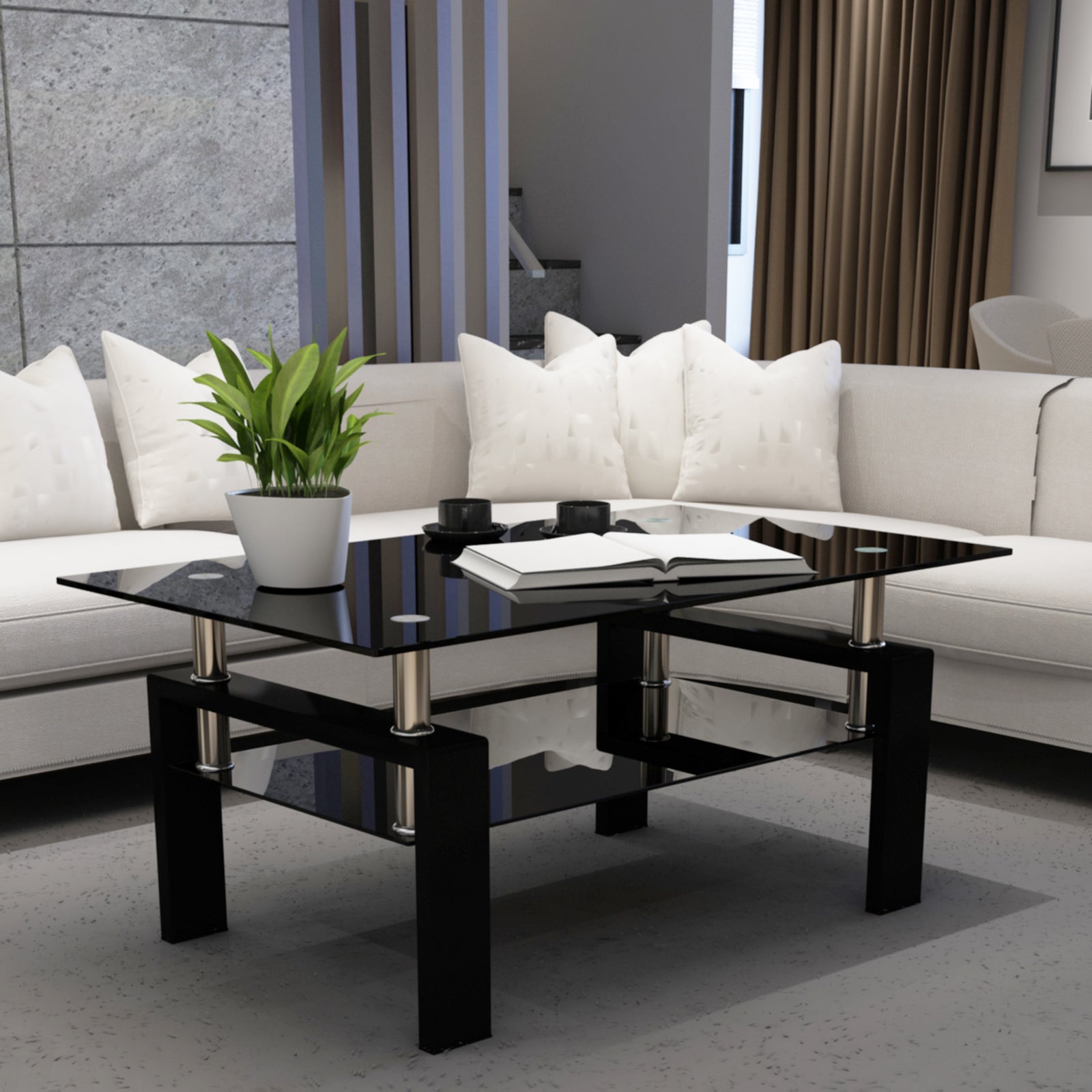 Table basse rectangulaire en verre noir de style moderne, meuble de salon central avec table d'appoint en verre clair.