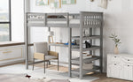 Lit mezzanine double avec rangements, étagères et bureau intégré, gris, par eprolo, vue de l'angle avec espace de travail en dessous.