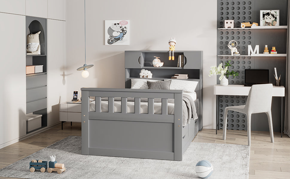 Cadre de lit plateforme double eprolo gris avec rangement, étagères, bibliothèques et quatre tiroirs, pour chambre moderne.