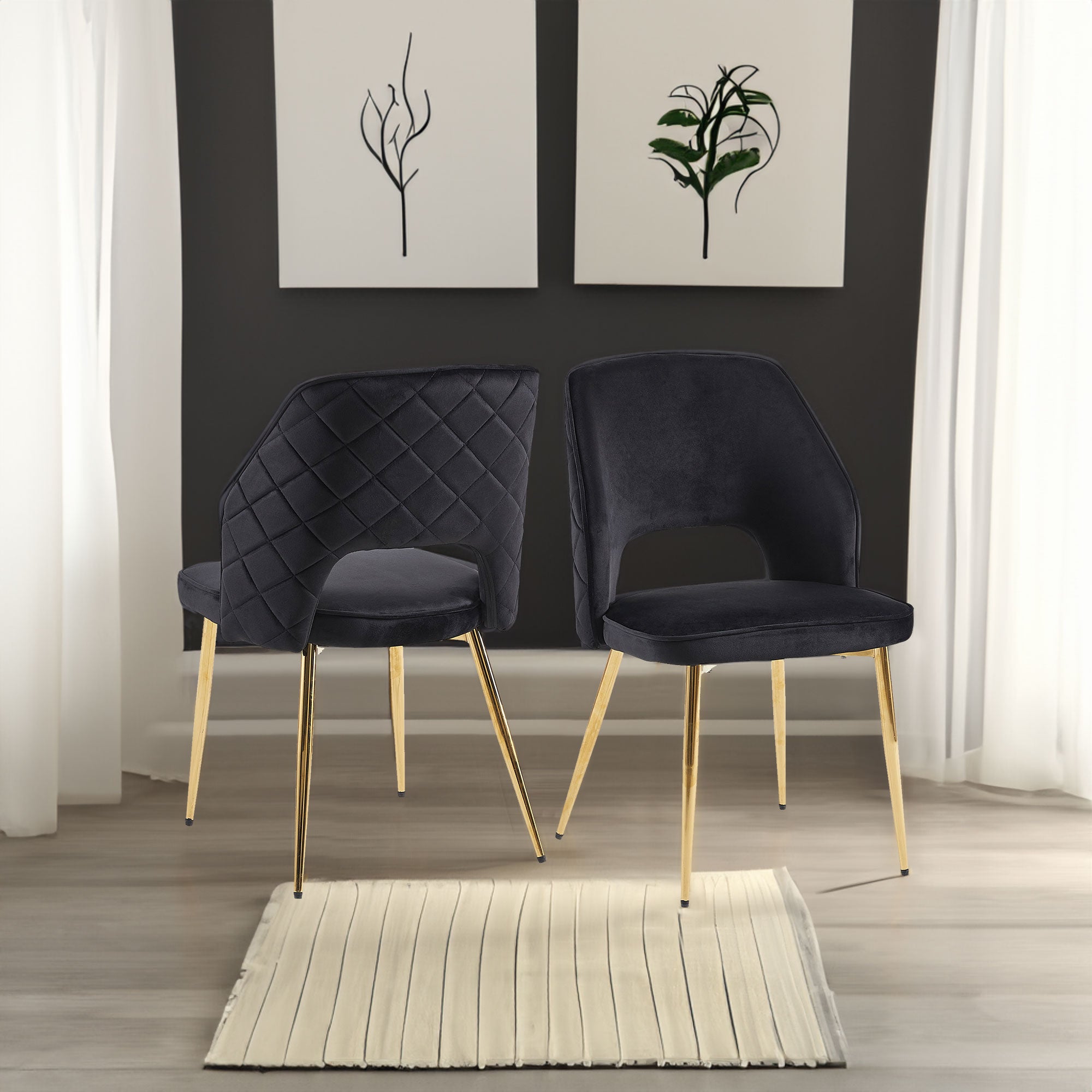 Chaises de salle à manger en velours noir avec pieds métalliques, dossier creux, ensemble de 4, marque eprolo.