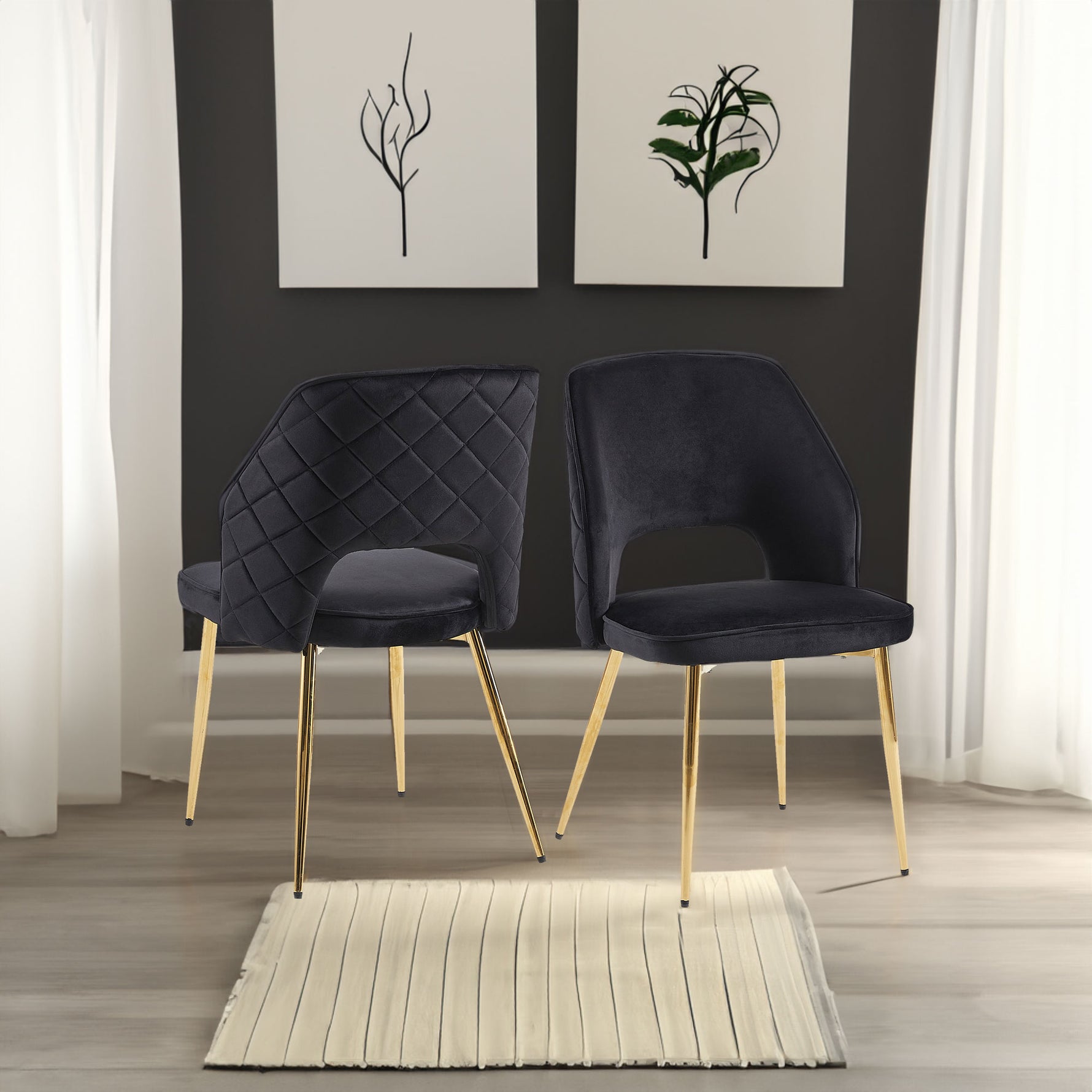 Chaises de salle à manger en velours noir avec pieds métalliques, dossier creux, ensemble de 4, marque eprolo.