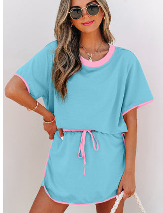 Turquoise Colorblock Edge Drop Shoulder T Shirt And Skort 2Pcs Set