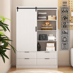 Armoire blanche eprolo avec portes coulissantes, étagères ouvertes, tiroirs et barre de suspension pour rangement de chambre.
