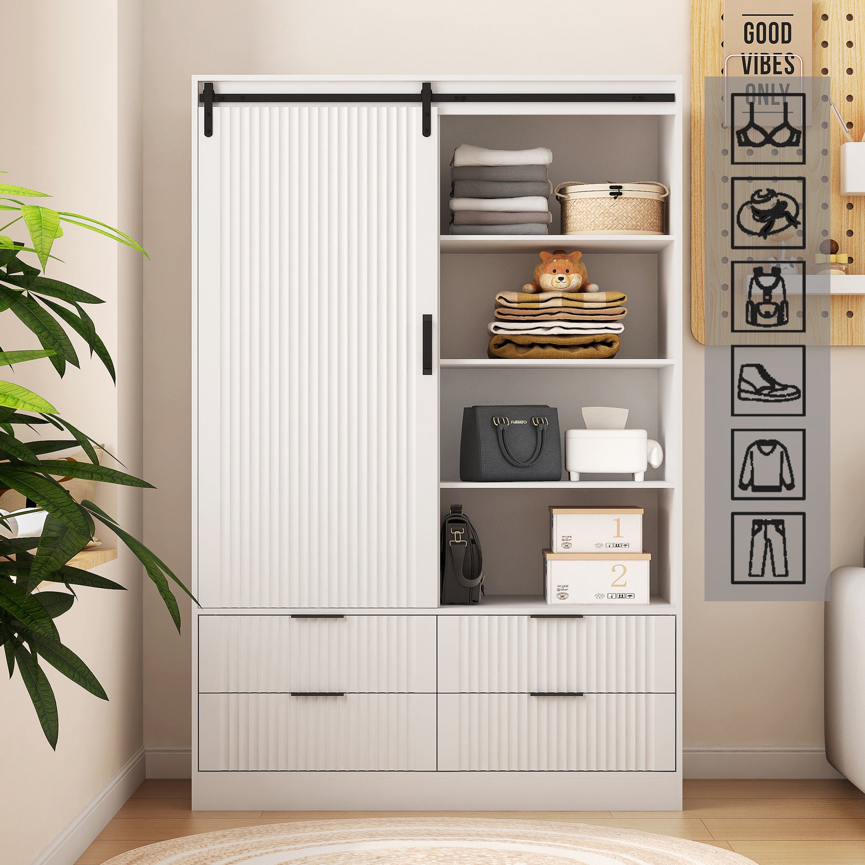 Armoire blanche eprolo avec portes coulissantes, étagères ouvertes, tiroirs et barre de suspension pour rangement de chambre.