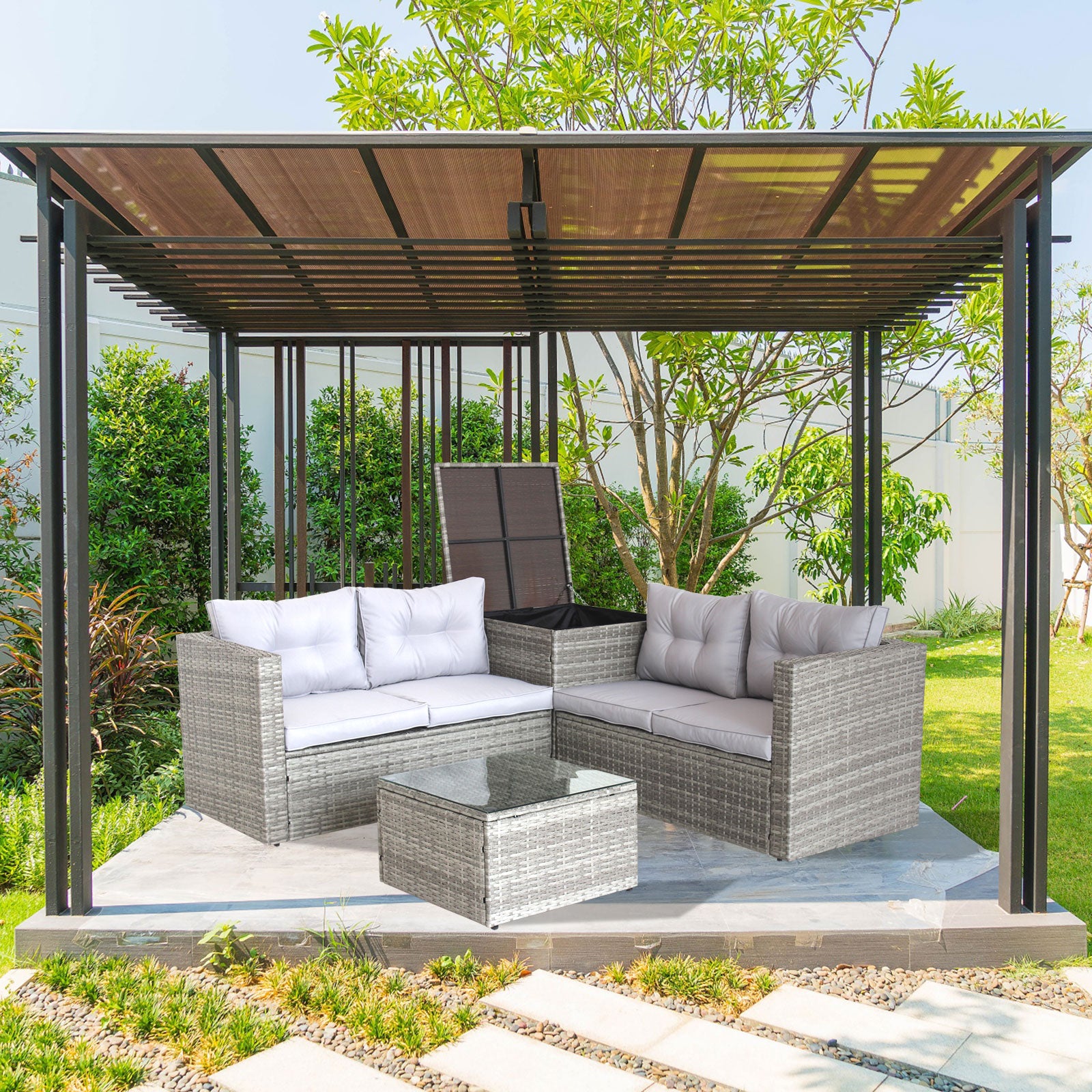 Set de mobilier d'extérieur en rotin gris, comprenant un canapé sectionnel 4 pièces avec coffre de rangement, par eprolo