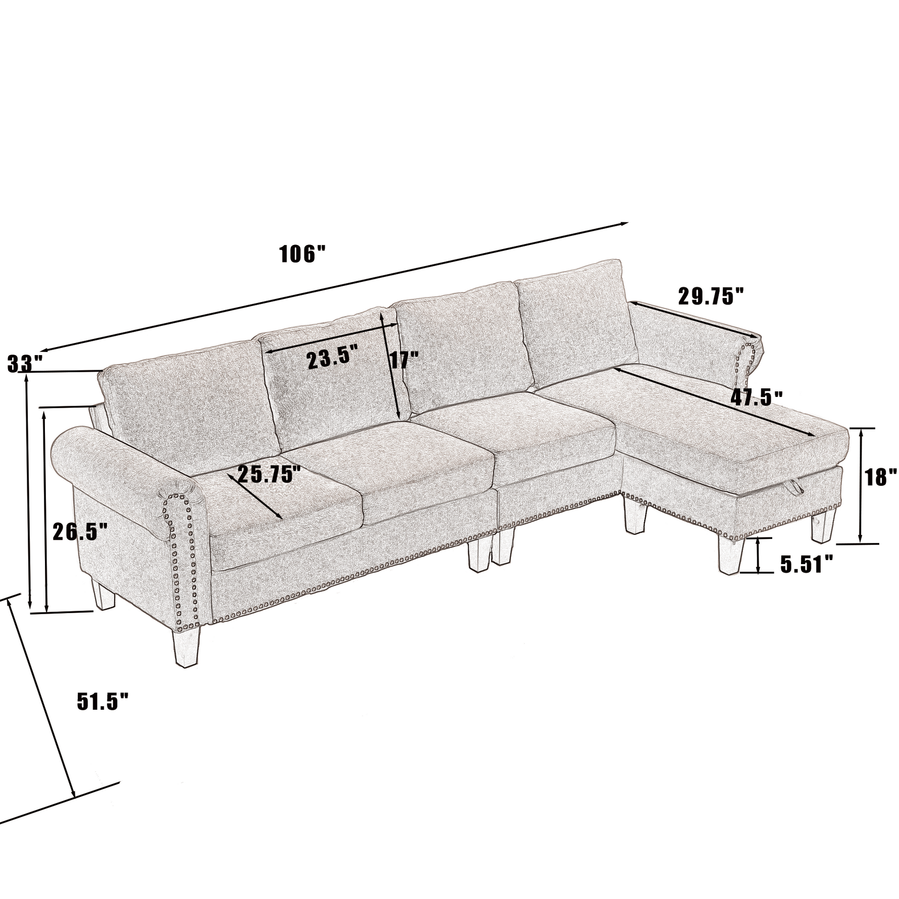 Canapé sectionnel convertible eprolo avec espace de rangement, tissu gris, modulable et moderne pour salon.