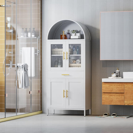 Tall Metal Arched Display Cabinet, Arch Kitchen Pantry Storage Organizer With Doors Shelves Drawers, Modern Freestanding Bookcase For Home Office Bar Living Room White