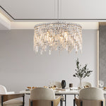 Lustre rond en cristal argenté de luxe par eprolo, avec pendentifs en verre et structure métallique brillante.