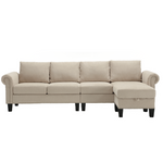 Canapé d'angle convertible avec rangement en tissu lin beige, sofa quatre places moderne de la marque eprolo