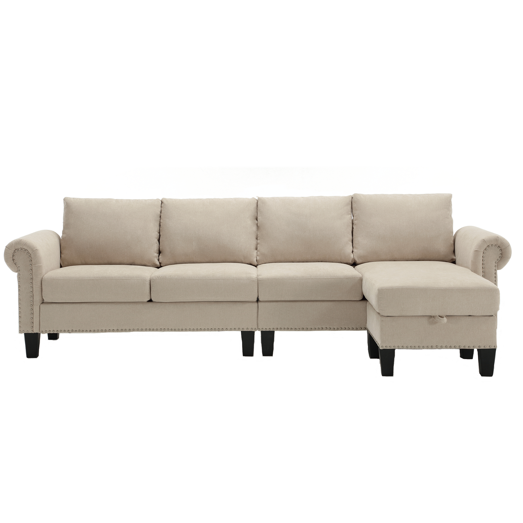 Canapé d'angle convertible avec rangement en tissu lin beige, sofa quatre places moderne de la marque eprolo