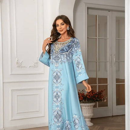 Printed Lace Detail Abaya Long Sleeved Extra Long Dress