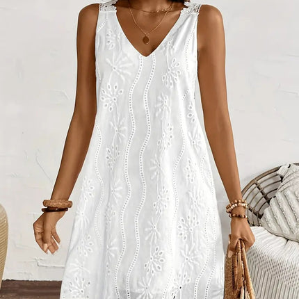 Solid-color V-neck Lace Sleeveless A-line Dress