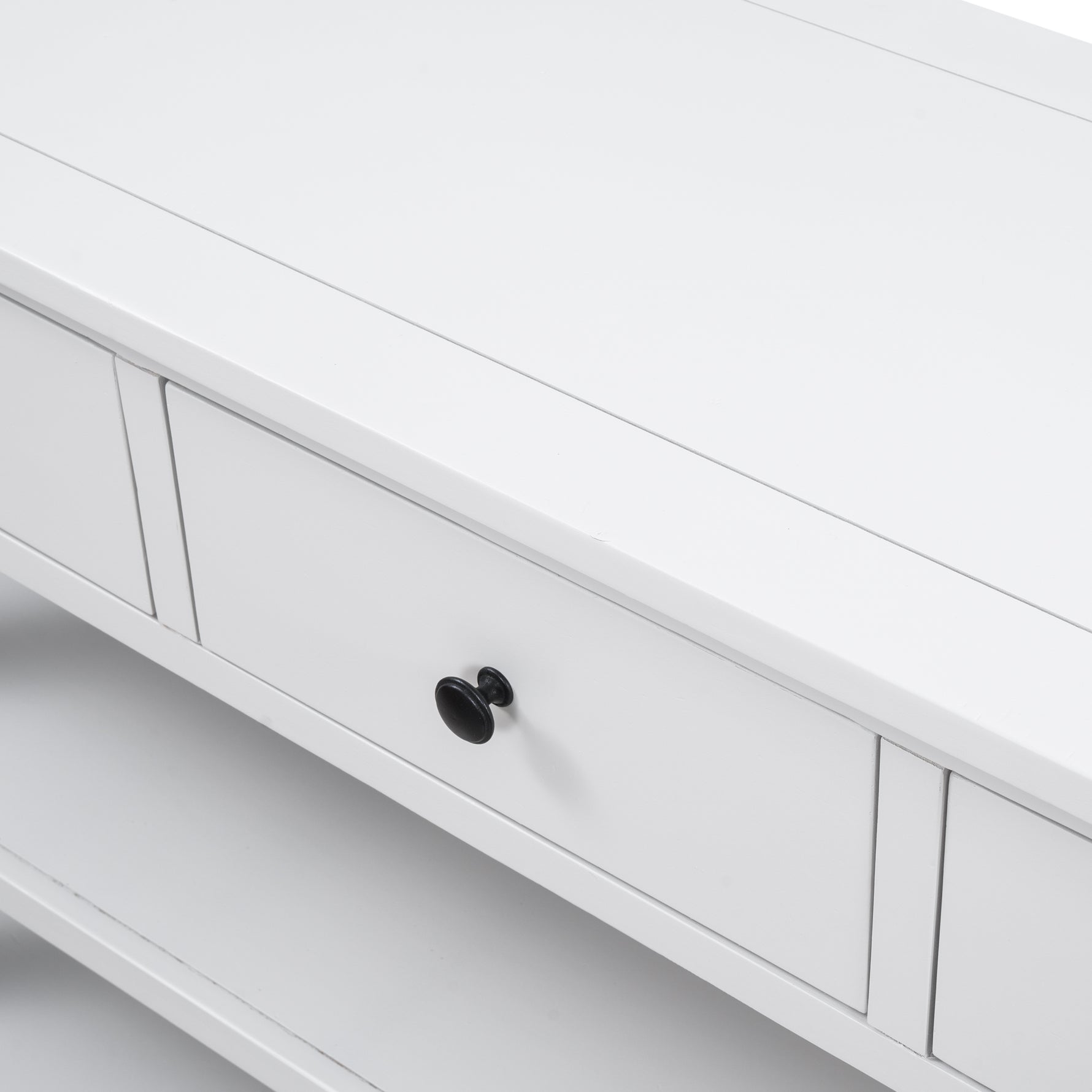 Table console rétro en bois de pin massif, style antique blanc avec deux étagères pour salon ou entrée.