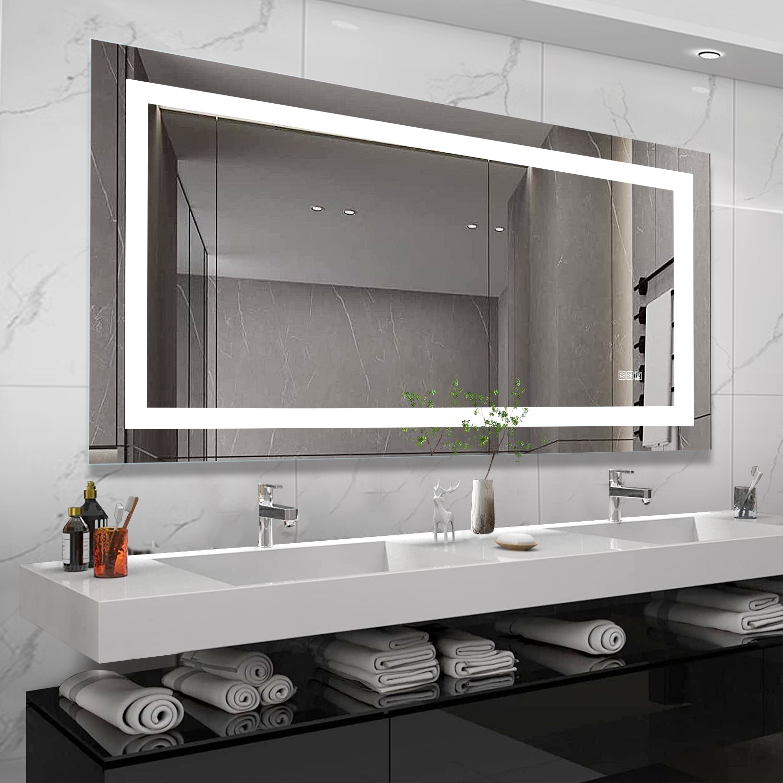 Miroir de salle de bain LED eprolo 72x36 pouces avec lumières intégrées, anti-buée et réglage de l’éclairage.
