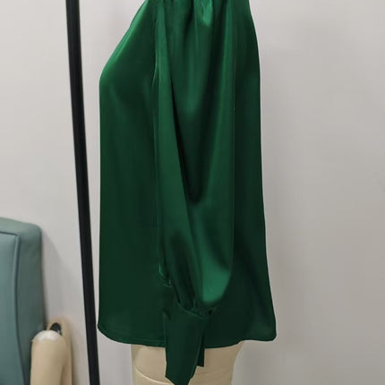 Womens Solid-Color V-Neck Silk Satin Long-Sleeve Shirt