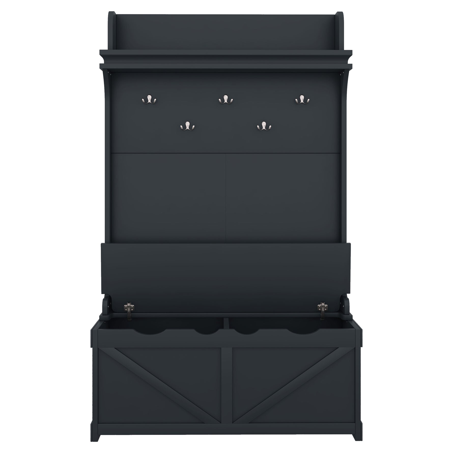 Armoire d'entrée avec bureau de rangement, 5 crochets, tiroirs et étagère en bleu foncé, meuble pratique pour l'entrée eprolo.