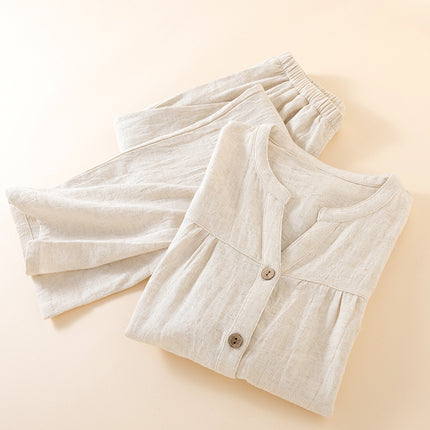 Womens Autumn Japanese-Style V-Neck Solid-Color Long-Sleeve Pantsuit