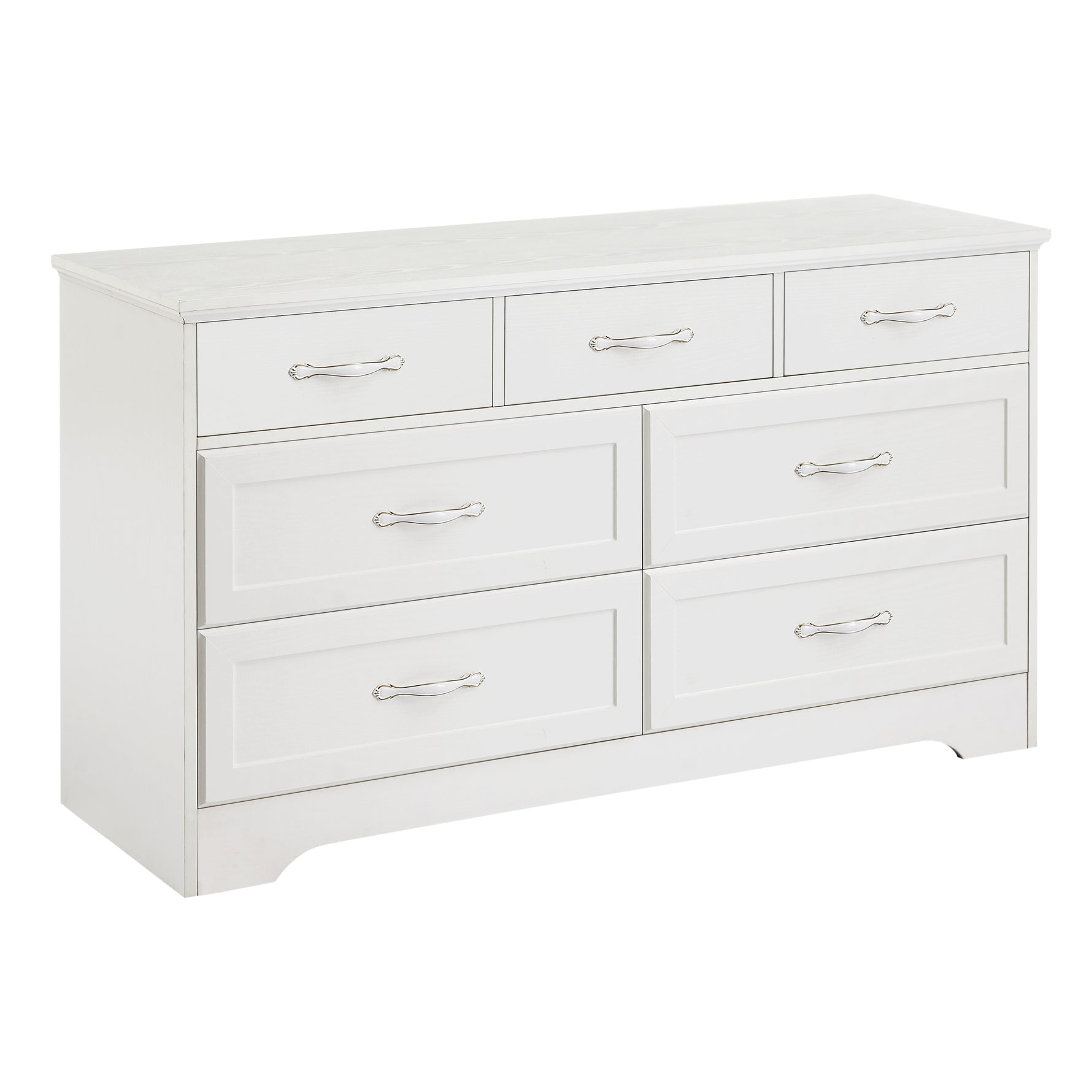 Coiffeuse blanche moderne avec 3 tiroirs, poignées en métal, dimensions 47,6" x 15,7" x 26,6", rangement pour vêtements.