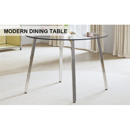 Modern Minimalist Style Round Transparent Tempered Glass Table, Tempered Glass Top, Silver Metal Legs, Suitable For Kitchen, Dining Room, Living Room Unavailable Platforms- AliExpress