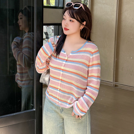 Plus Size Round Neck Color Striped Shirt Women's Thin Top
