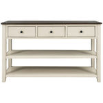 Table console rétro en bois massif de pin avec deux étagères ouvertes, finition espresso et beige, pour salon.
