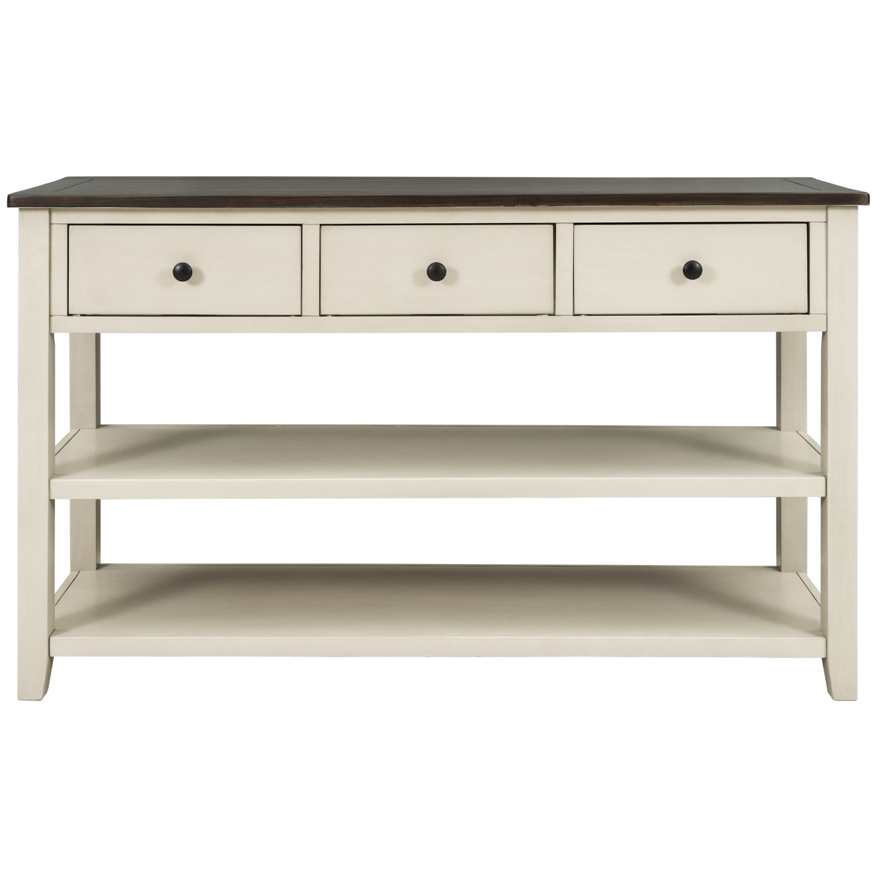 Table console rétro en bois massif de pin avec deux étagères ouvertes, finition espresso et beige, pour salon.