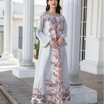 Elegant Floral Print Long Sleeve Abaya Dress