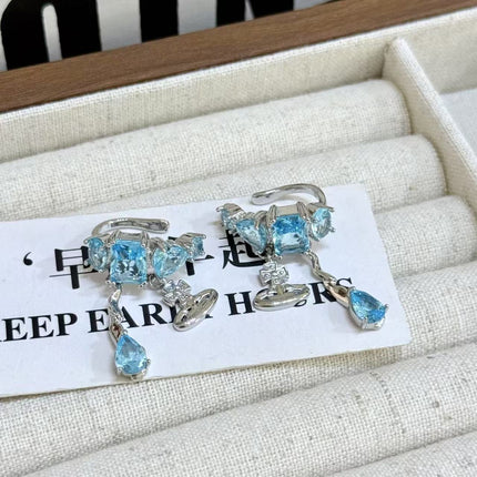 Ocean Blue Shiny Diamond Tassel Saturn Non-piercing Ear Clip