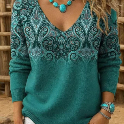 Womens Retro-Print V-Neck Long-Sleeve T-Shirt Top