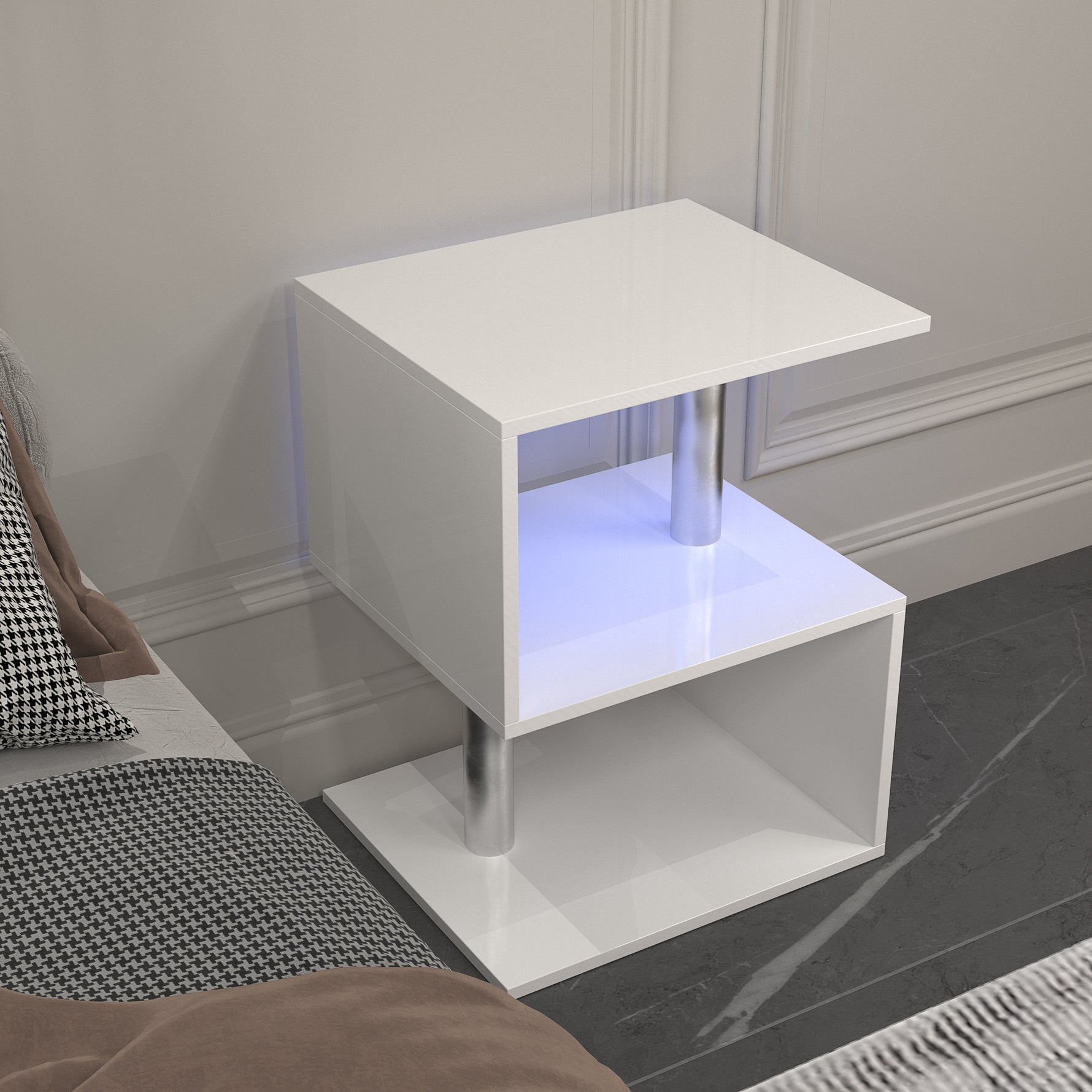Table basse S en trois couches eprolo avec finition brillante, espace de rangement ouvert, port USB et éclairage LED blanc