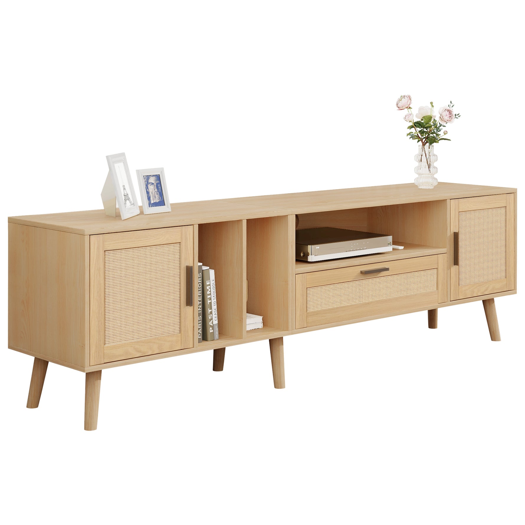 Support TV en bois eprolo Vine avec étagères ouvertes et espace pour appareils électroniques, design moderne et fonctionnel.