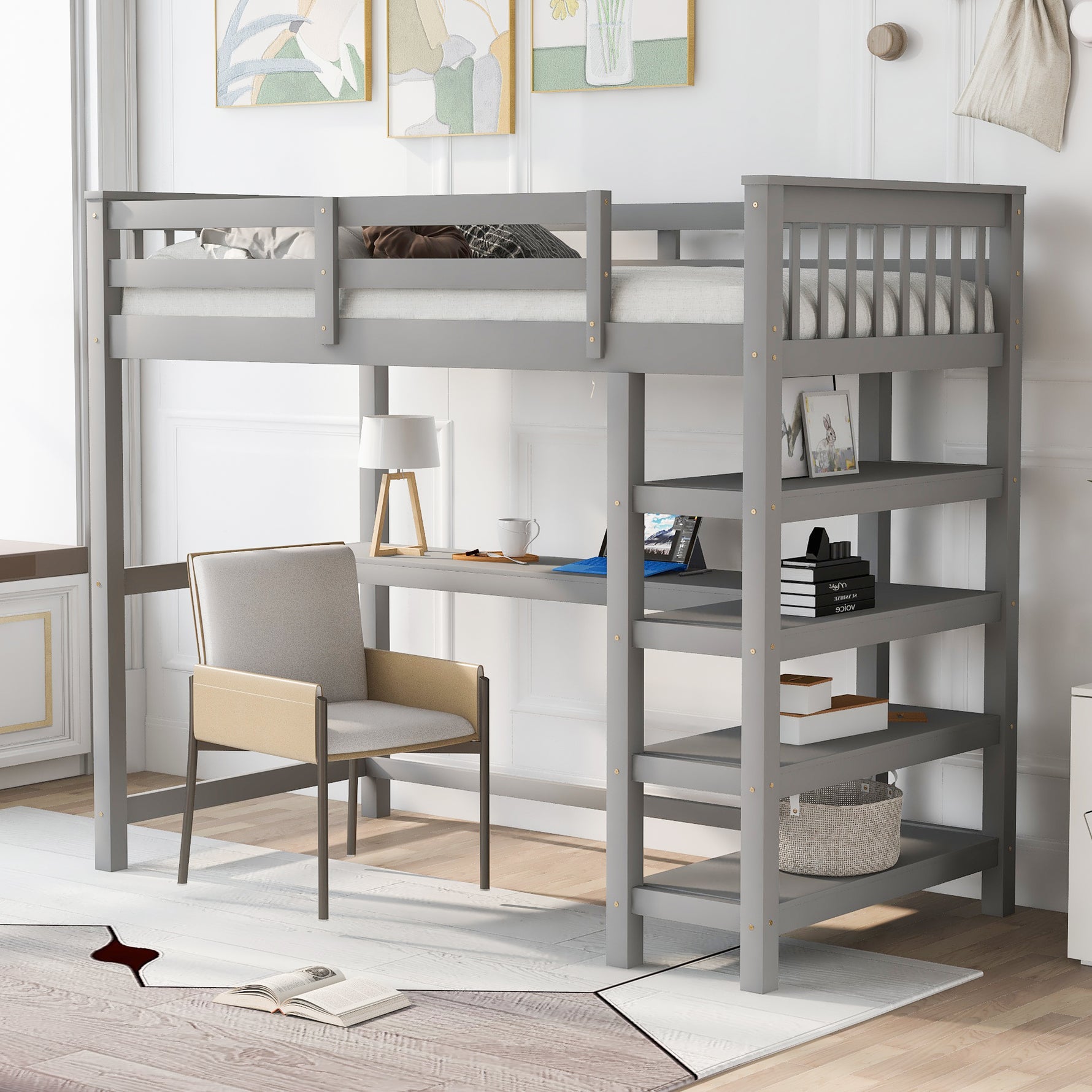 Lit mezzanine double avec rangement, étagères et bureau sous le lit, en gris, de la marque eprolo.