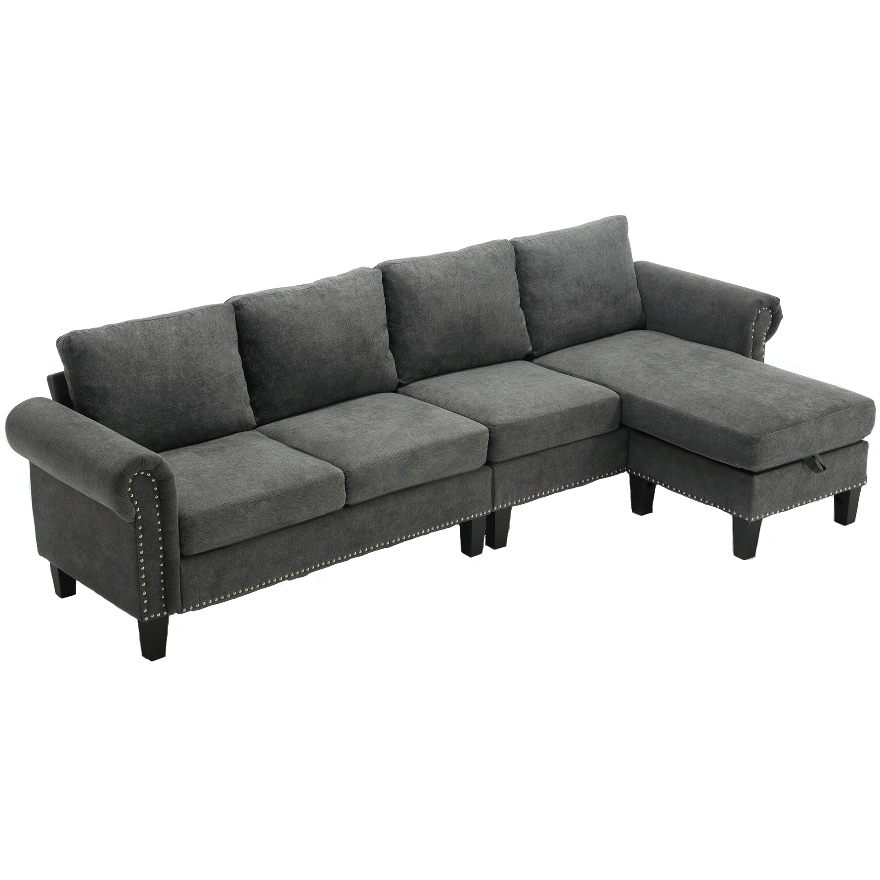 Canapé sectionnel convertible avec rangement eprolo, tissu gris clair, avec coussins et espace de stockage intégré.