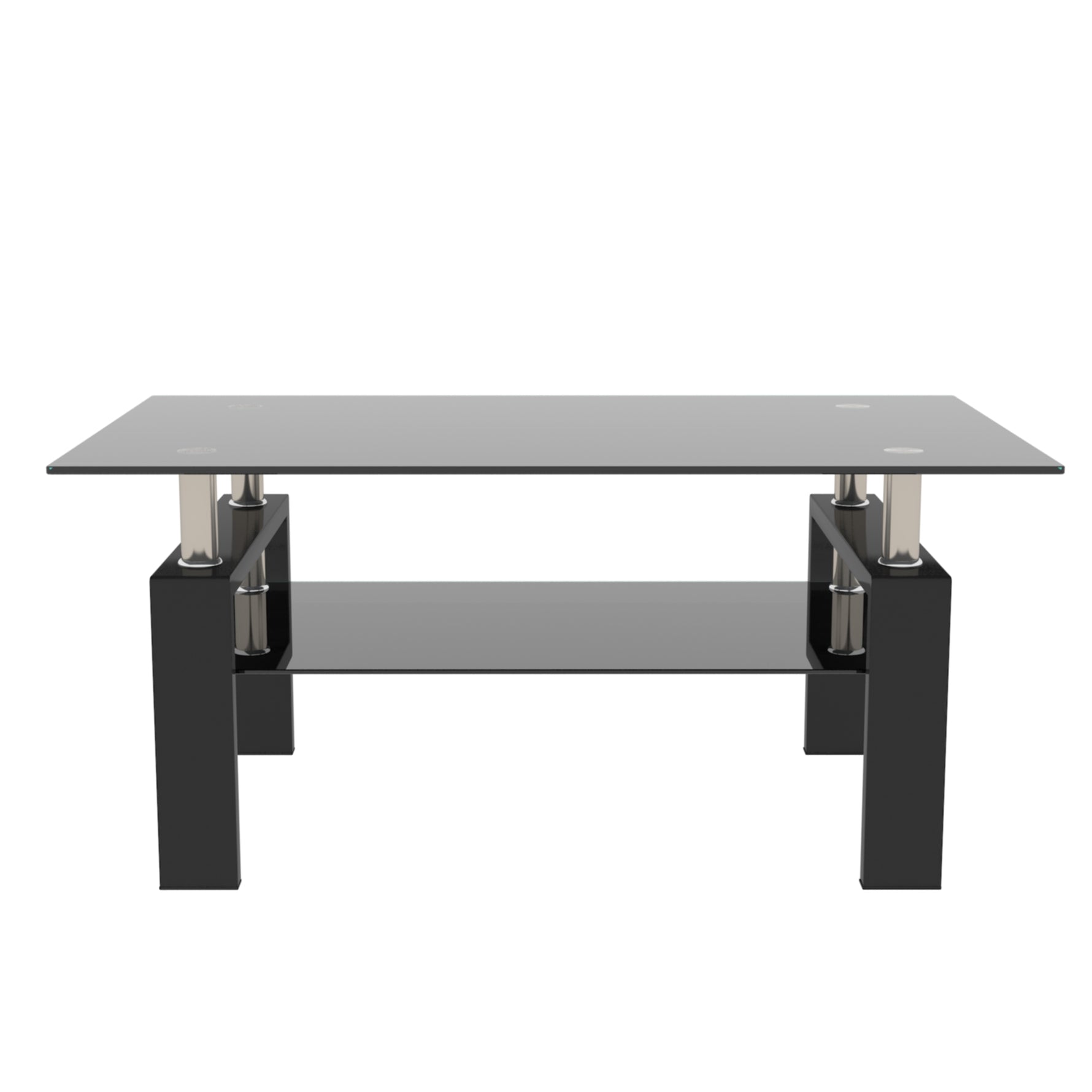 Table basse rectangulaire en verre noir de style moderne, meuble de salon avec surface claire et design élégant.