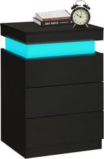 Table de chevet noire LED eprolo avec éclairage intégré et design moderne, vue de face avec détails lumineux.