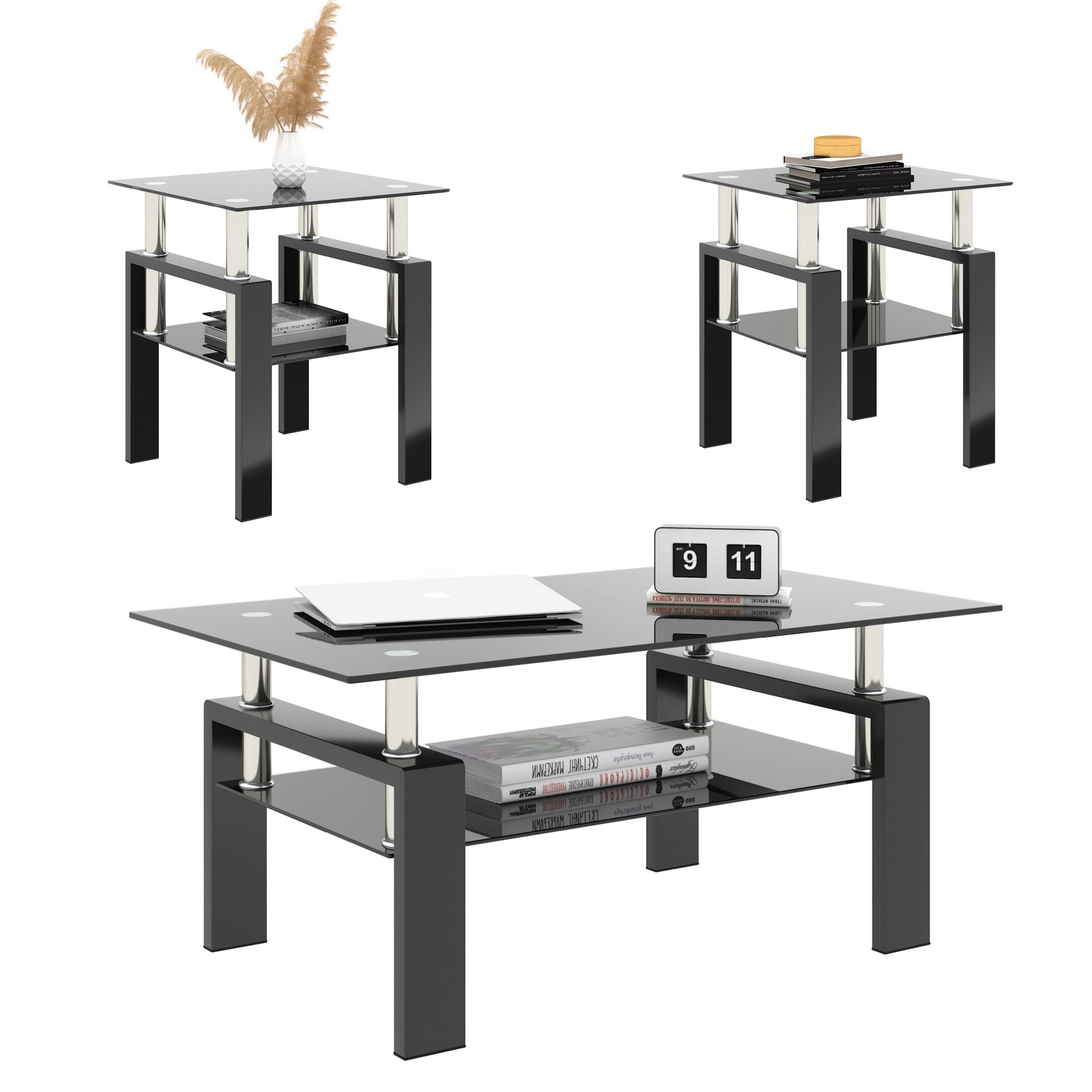 Set de 2 tables en verre trempé modernes, tables d'appoint carrées noires pour salon, par eprolo.