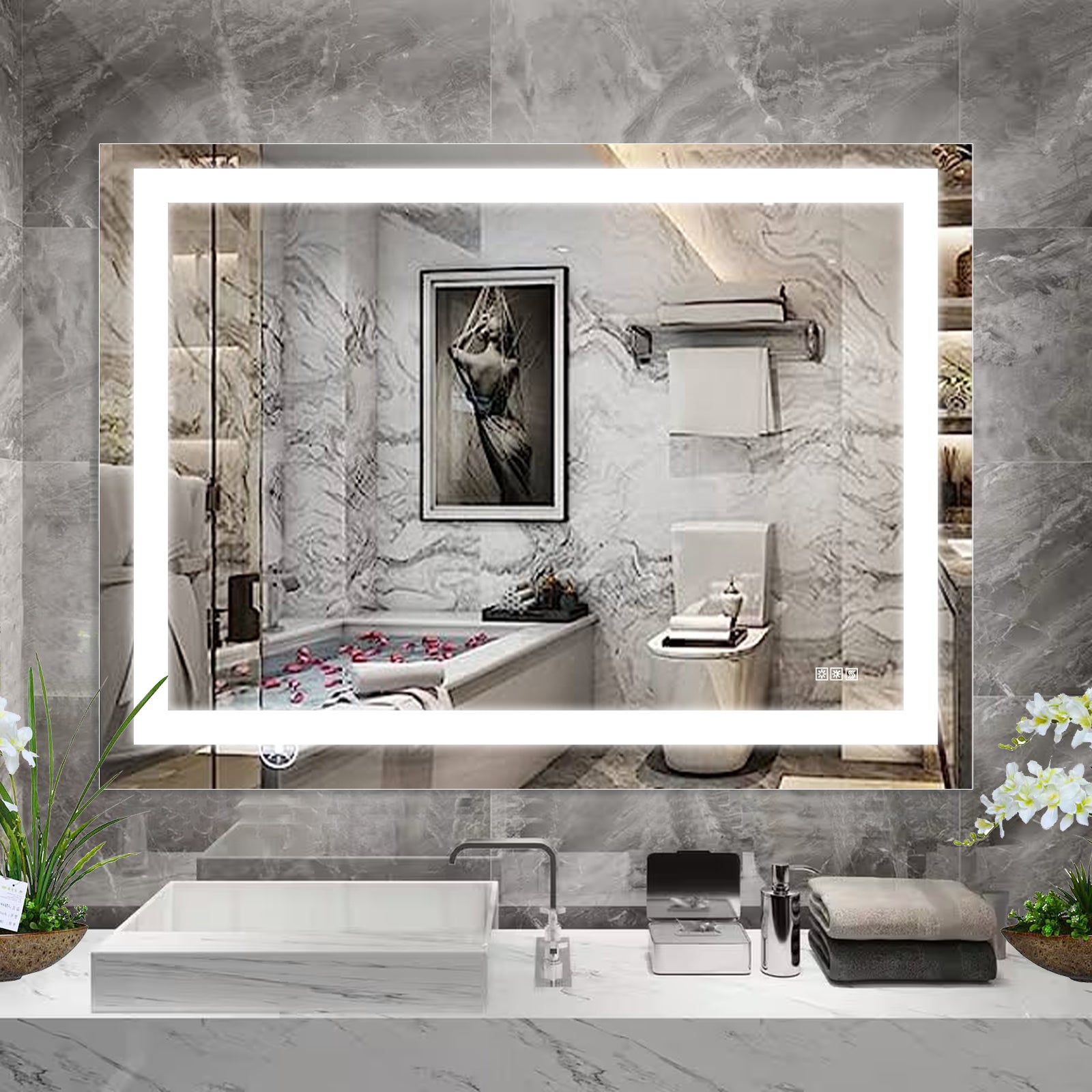Miroir de salle de bain LED eprolo 48x36 pouces avec éclairage, anti-buée et fonction dimmable, miroir de vanité moderne.