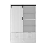 Armoire haute blanche eprolo avec porte en barn, espace de rangement, tiroirs, étagères ouvertes et rail pour vêtements.