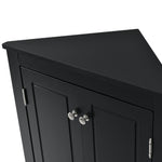Armoire de rangement salle de bain noire en forme de triangle avec étagères ajustables, meuble autonome pour cuisine ou salle de bain.