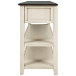Table console rétro en bois massif de pin avec deux étagères ouvertes, cadre en espresso et beige, pour salon.