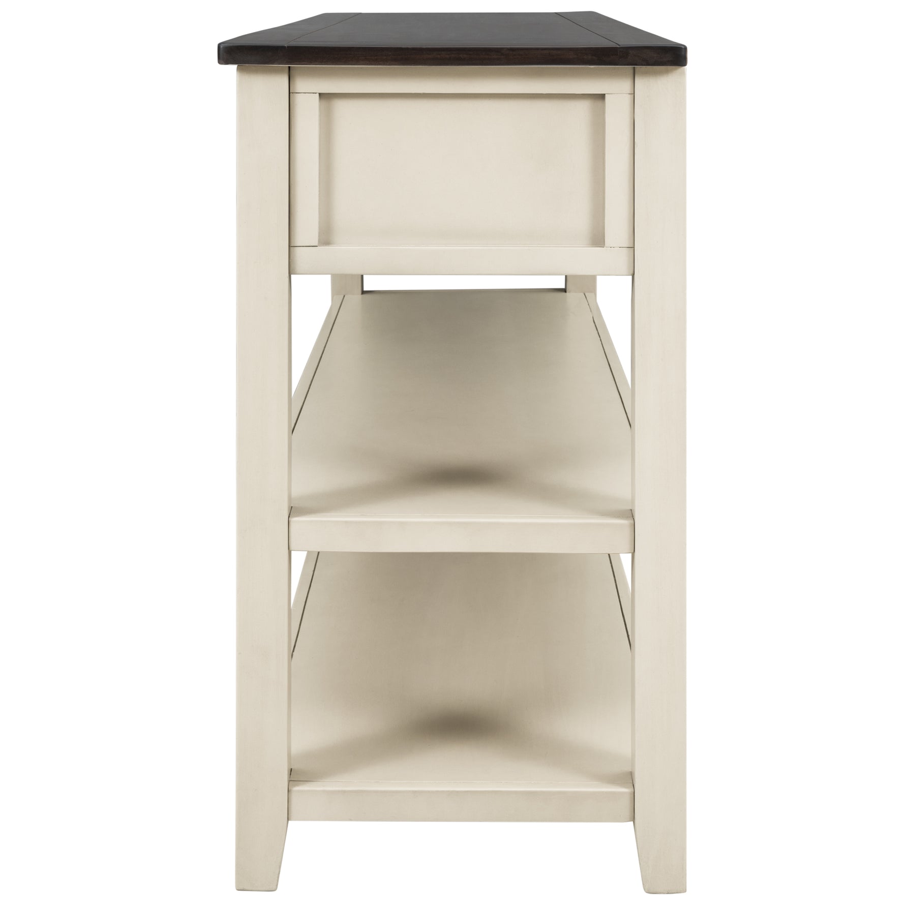 Table console rétro en bois massif de pin avec deux étagères ouvertes, cadre en espresso et beige, pour salon.